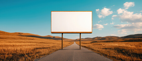 Empty billboard along scenic road surrounded by open fields, inviting creativity and imagination. vast landscape enhances sense of freedom and possibility