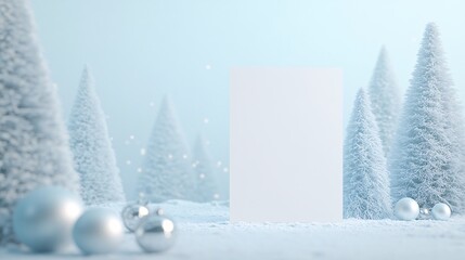 A blank white greeting card mockup with Christmas trees and snow in the background. 