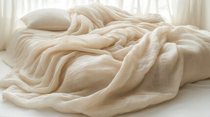 Delicate folds of creamy linen drape gracefully over the bed, filling the bright space with warmth and tranquility