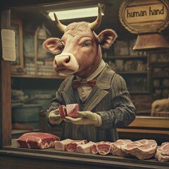 Anthropomorphic cow in vintage suit standing behind a butcher's counter examining raw meat in a surreal and ironic scene