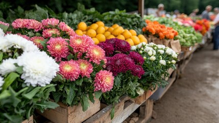 Vibrant flowers and produce at a local farmers market