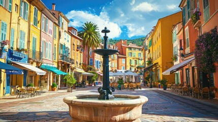 Charming Colorful Square with Fountain Surrounded by Vibrant Buildings and Lush Palm Trees Under Bright Blue Sky in Scenic European Village