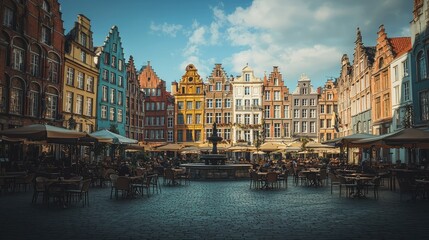 Fototapeta premium Vibrant Historic Architecture of Gdansk's Main Town Square Featuring Colorful Facades, Outdoor Dining, and Inviting Atmosphere Under a Beautiful Sky