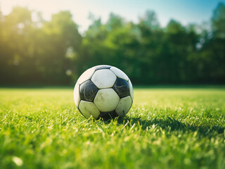 Fototapeta premium An old soccer ball lying on a green grass field ready for a game