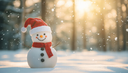 Fototapeta premium Snowman with winter snow and snowflakes blurred background Jan month copy space snow man 