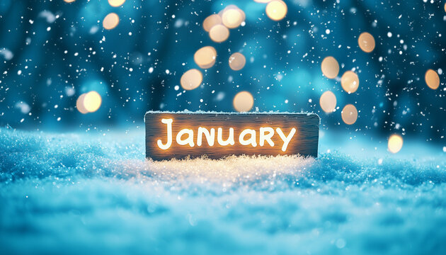 January calligraphy inscription with winter snow and snowflakes blurred background Jan month