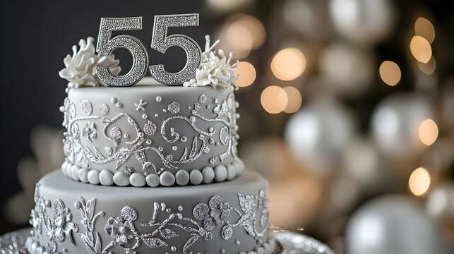 A sophisticated gray and white tiered cake with a "55" silver topper, symbolizing elegance and milestone celebrations.