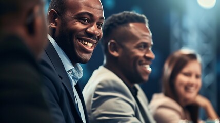 Obraz premium Smiling businessman participating panel discussion other business leaders major industry event scene lively interactive emphasizing exchange of ideas networking opportunities within business community