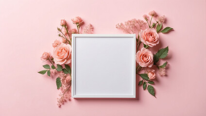 Blank mockup wooden frame with flowers, copy space on a pink pastel background