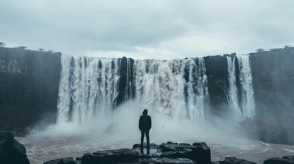 Person standing before massive waterfall, misty scene.