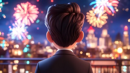 Obraz premium Man in Suit Watching Fireworks Over Cityscape at Night