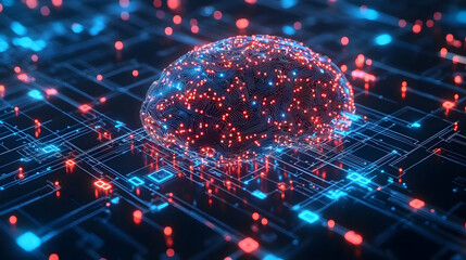 A digital brain constructed with glowing red and blue nodes interconnected on a black grid, symbolizing artificial intelligence and neural networks.