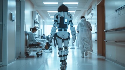 Futuristic robot walking in hospital corridor.