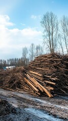 Fototapeta premium Piles of Wooden Logs and Branches Stacked in an Open Area with a Clear Sky and Bare Trees in the Background on a Cold Day