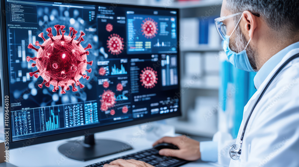 Poster scientist analyzing virus data on computer screen in lab, focused on research and data visualization