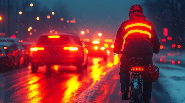 A cyclist with reflective gear rides through a busy urban landscape under falling rain, illuminated by glowing traffic lights