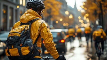 Riders in bright jackets weave through a vibrant urban landscape filled with golden foliage and reflections on wet pavement