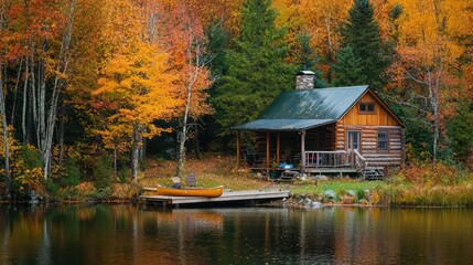 Obraz premium Serene Autumn Getaway: Cozy Wooden Cabin by Tranquil Lake Surrounded by Vibrant Fall Foliage and Reflective Waters in a Picturesque Nature Setting