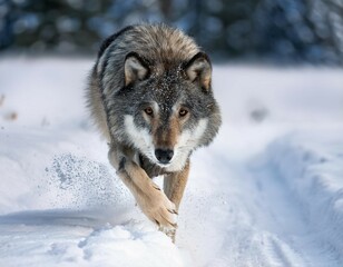 Obraz premium an adult european timber wolf runs through the freshly fallen snow right at you angry gray wolf in search of prey wolf s gaze predator chases prey scene from the wild nature of the north of belarus