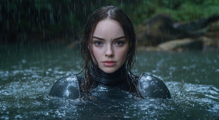 Fototapeta premium woman in black wetsuit swimming in rain