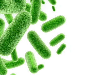 Vibrant green bacteria under microscope, showcasing their unique shapes and textures. This highlights intricate details of microbial life