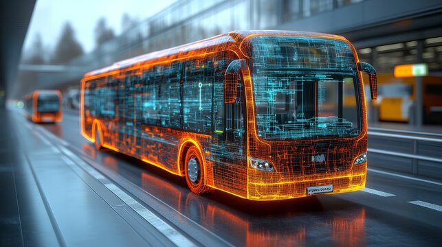A striking bus featuring an illuminated digital outline waits at a sleek transit station, capturing the essence of future urban transport