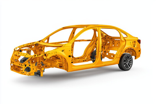Yellow car chassis with no exterior features, showcasing its intricate design and structure. This highlights engineering behind automotive manufacturing