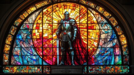 A majestic stained-glass window depicts a knight in shining armor, standing tall against a radiant sunburst. Rich jewel tones and intricate details create a breathtaking scene.
