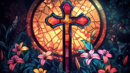 A stained-glass cross stands majestically against a vibrant circular window, surrounded by delicate lilies. Warm, rich colors create a serene and spiritual atmosphere.