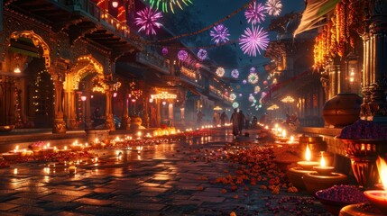 Festive night scene in a vibrant, illuminated Asian city street with fireworks and candles.