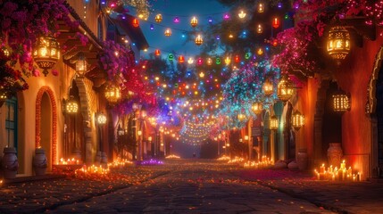 Festive night street scene with colorful lights and flowers.