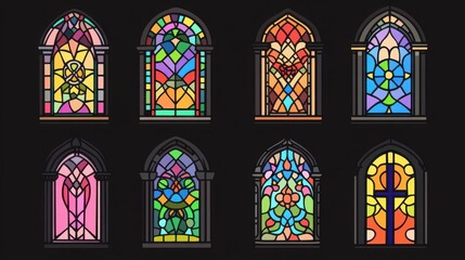 Collection of vibrant stained glass window designs in various colors and patterns, showcasing intricate details and diverse artistic styles.