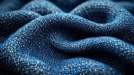 Fototapeta premium Close-Up of Textured Blue Fabric Showing Intricate Weave Patterns with Soft Ripples and Shadows for Textile and Design Themes