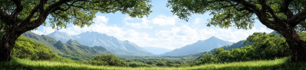 Obraz premium Lush green valley surrounded by majestic mountains