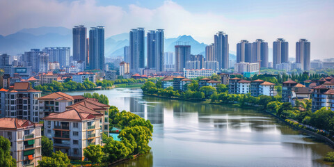 Obraz premium city with skyscrapers and parks bird's eye view Generative AI