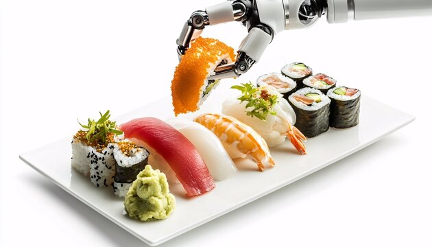 A futuristic robot arm elegantly lifts a piece of sushi from a beautifully arranged platter, showcasing the advancement in culinary technology and the realm of food innovation.