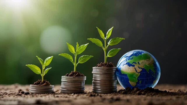 Growing seedlings on silver coin stack with green globe in background,