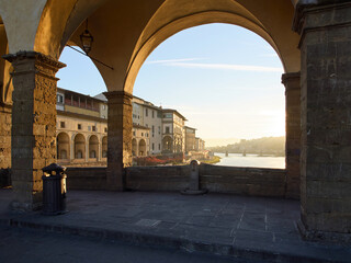 Morning view of river Arno from Ponte Vecchio in Florence, Italy	