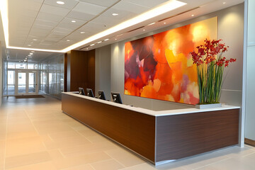 The reception area is bright, showcasing bold art and elegant floral displays to welcome visitors