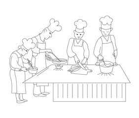 Four cooks cooking. Vector black outline image.
