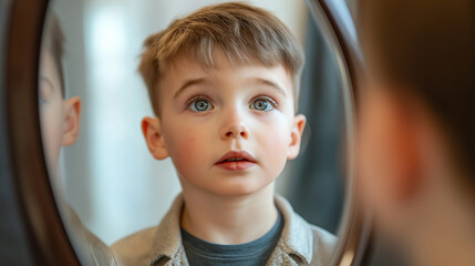 Thoughtful young boy looking at his reflection in a mirror, bright blue eyes, natural lighting, emotional and reflective moment, childhood innocence, soft focus portrait, serene atmosphere.