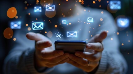 Person receiving glowing email notifications on smartphone.