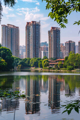 Fototapeta premium city with skyscrapers and parks bird's eye view Generative AI