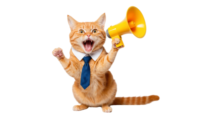 Cat in a Suit with Megaphone: A  ginger tabby cat in a business suit,  holds a yellow megaphone, with an excited expression on its face, making a big announcement.  