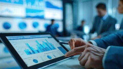 Businessperson analyzing data on tablet.