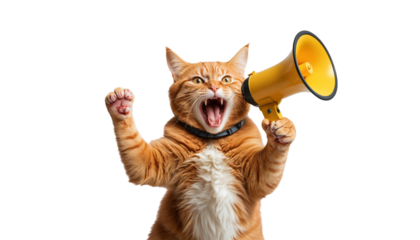 Cat with Megaphone: A ginger cat with a determined expression yells into a yellow megaphone, its paws raised in a gesture of excitement and authority. The image is full of personality and energy.