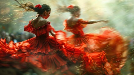 Two flamenco dancers in red dresses performing a vibrant dance.