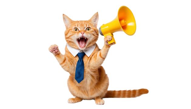 Cat in a Suit with Megaphone: A  ginger tabby cat in a business suit,  holds a yellow megaphone, with an excited expression on its face, making a big announcement.  