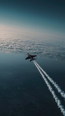 Naklejka premium High-flying Jet Above the Clouds Leaving White Contrails During a Clear Sky, Captured from an Aerial Perspective in Stunning Natural Light