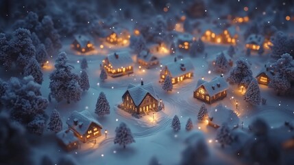 A Snowy Village Illuminated by Warm Window Lights